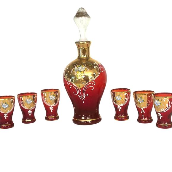 Bohemian Cranberry Glass Decanter Shot Glass Set Hand Painted Gold Floral Design - Picture 9 of 12